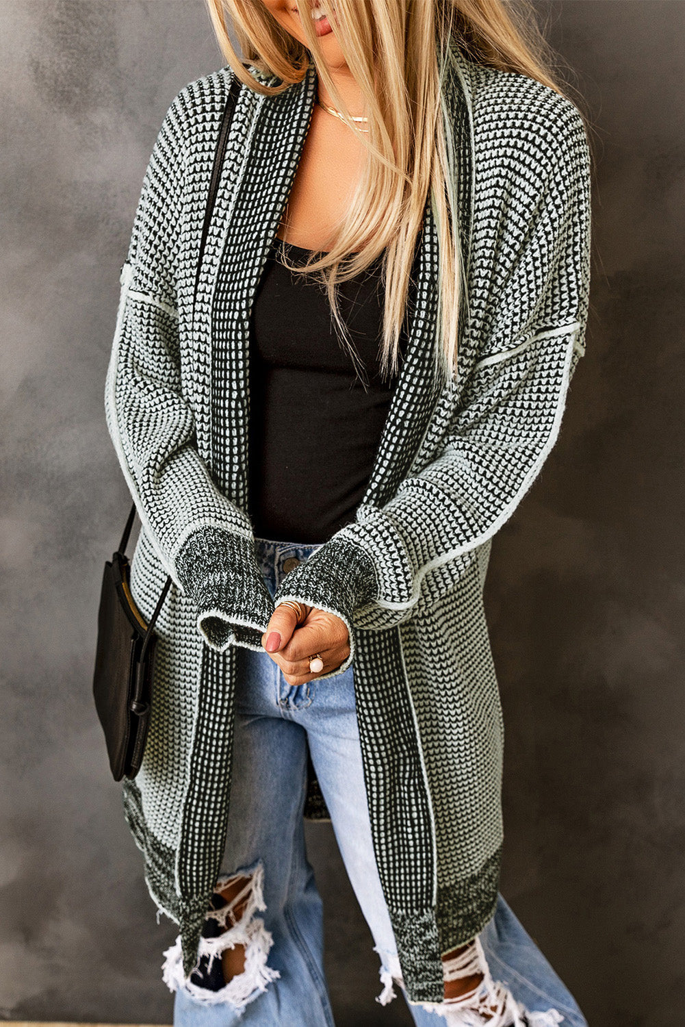 Charcoal Checkered Knit Drape Cardigan