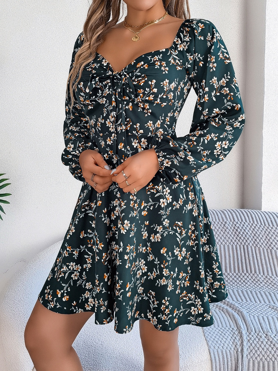 Midnight Bloom Puff Sleeve Dress