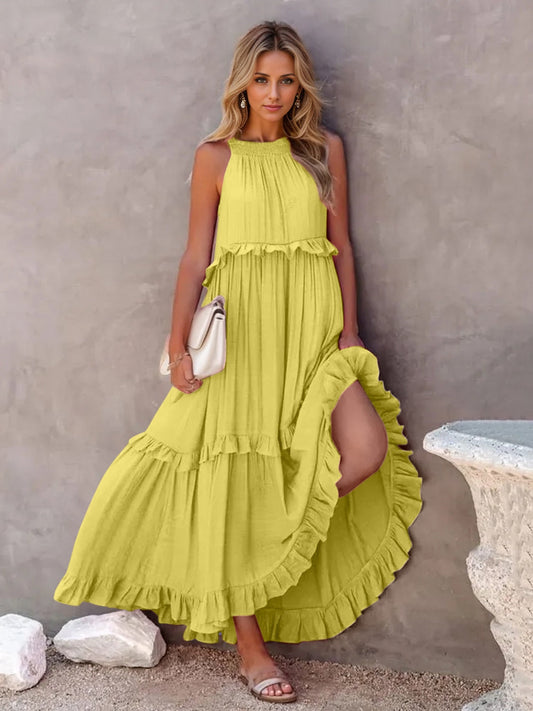 Golden Sunrise Ruffle Maxi Dress