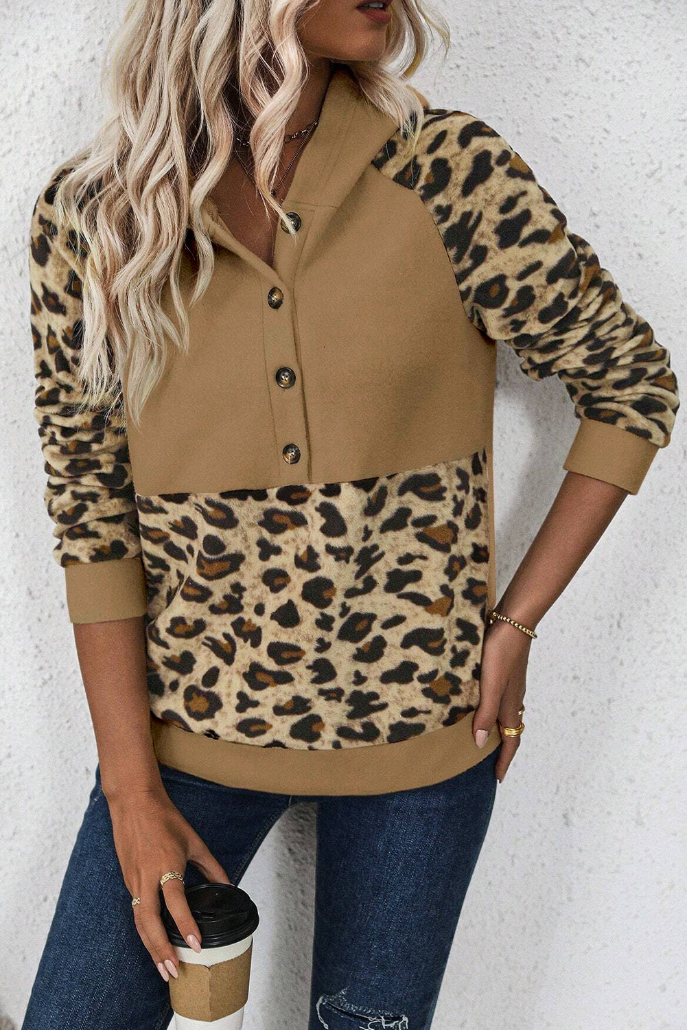 Leopard Contrast Raglan Button-Up