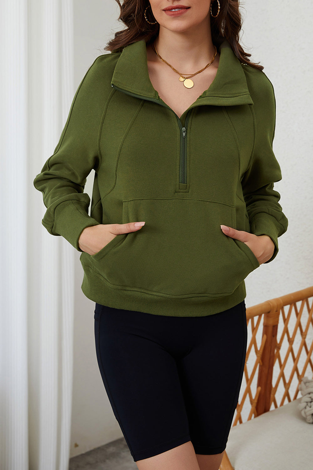 Olive Breeze Zip-Up Cropped Hoodie