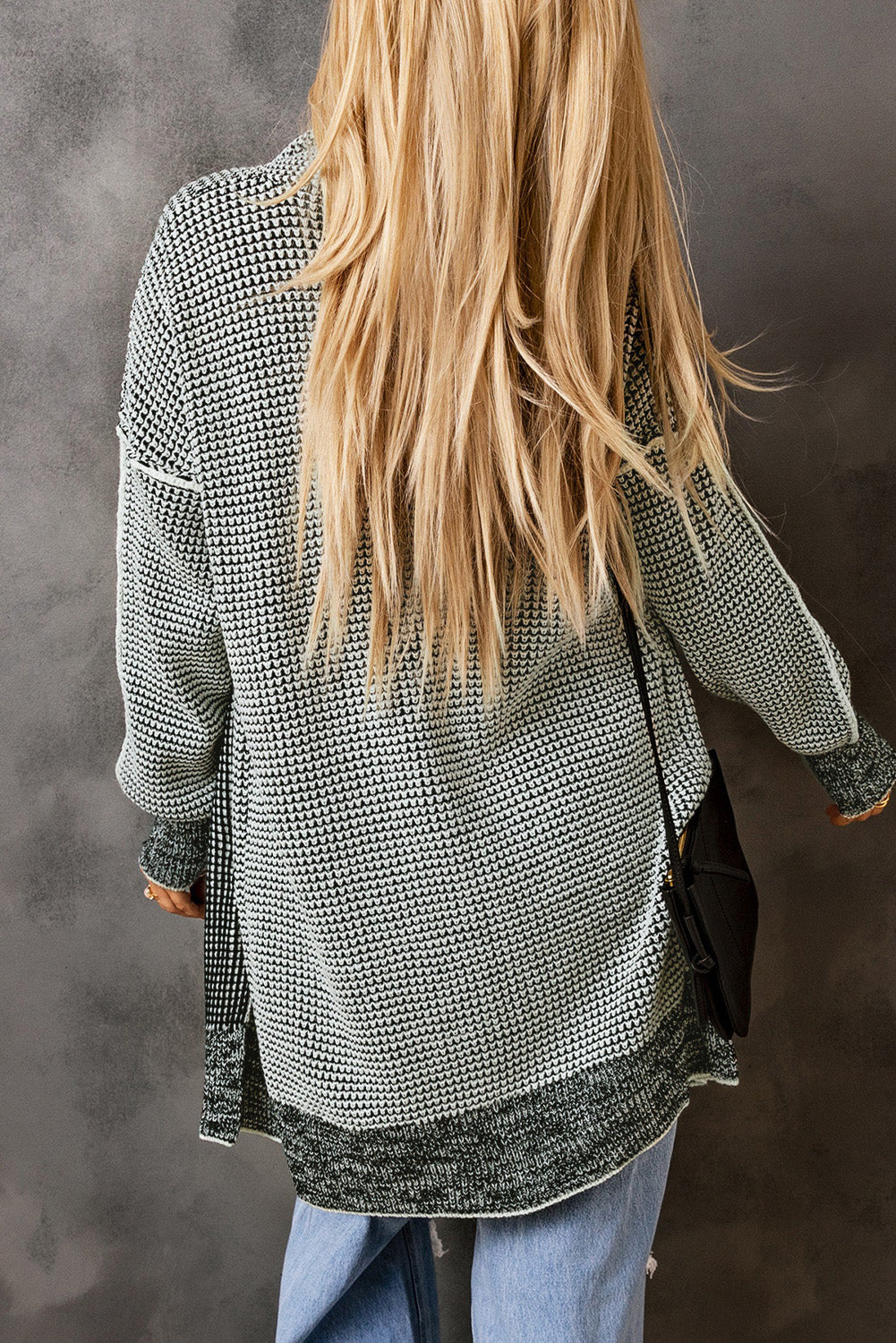 Charcoal Checkered Knit Drape Cardigan