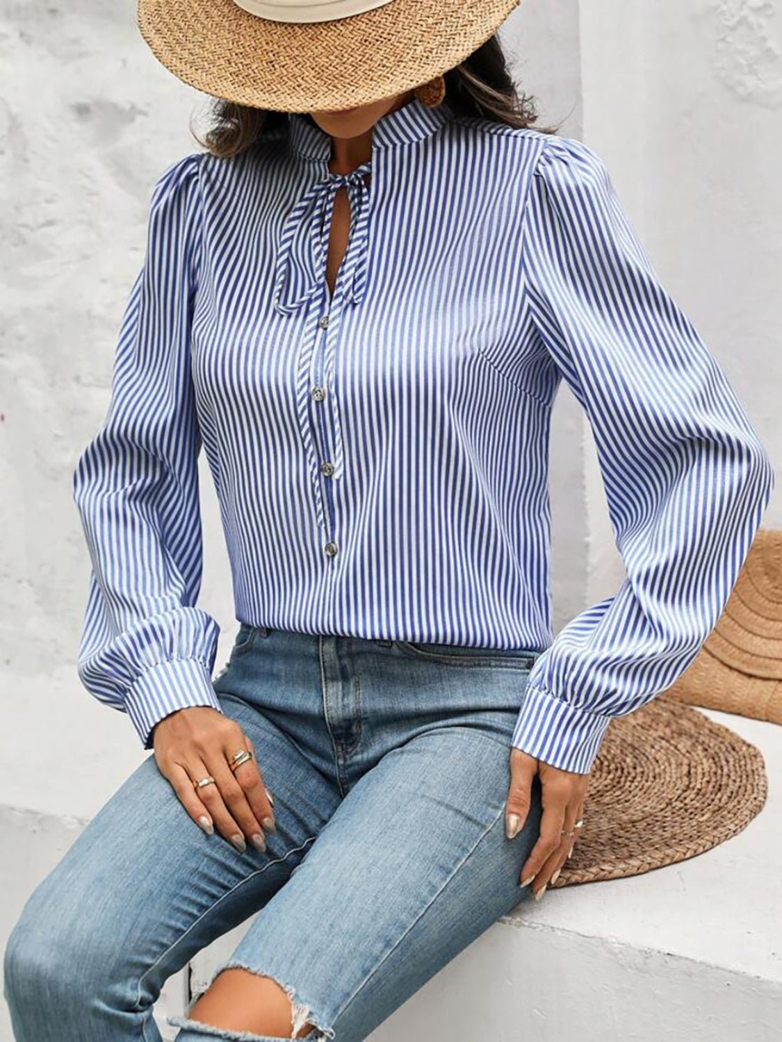 Striped Elegance Bow-Tie Blouse