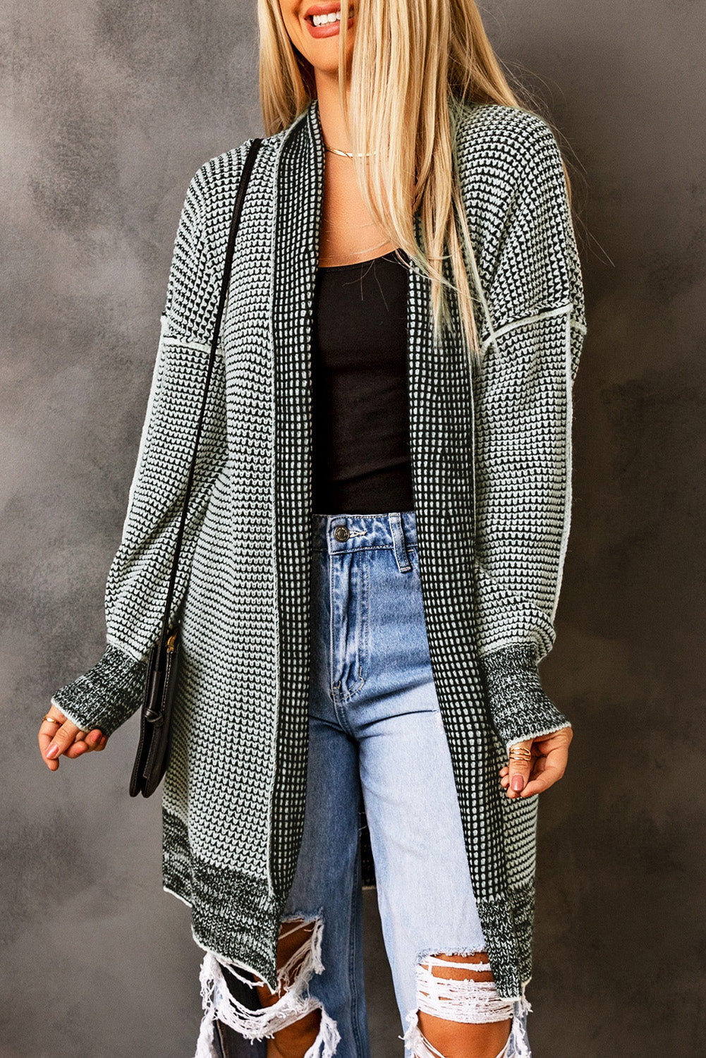 Charcoal Checkered Knit Drape Cardigan