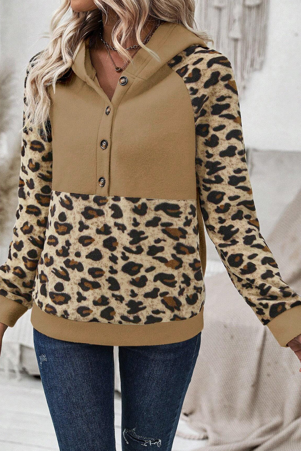 Leopard Contrast Raglan Button-Up