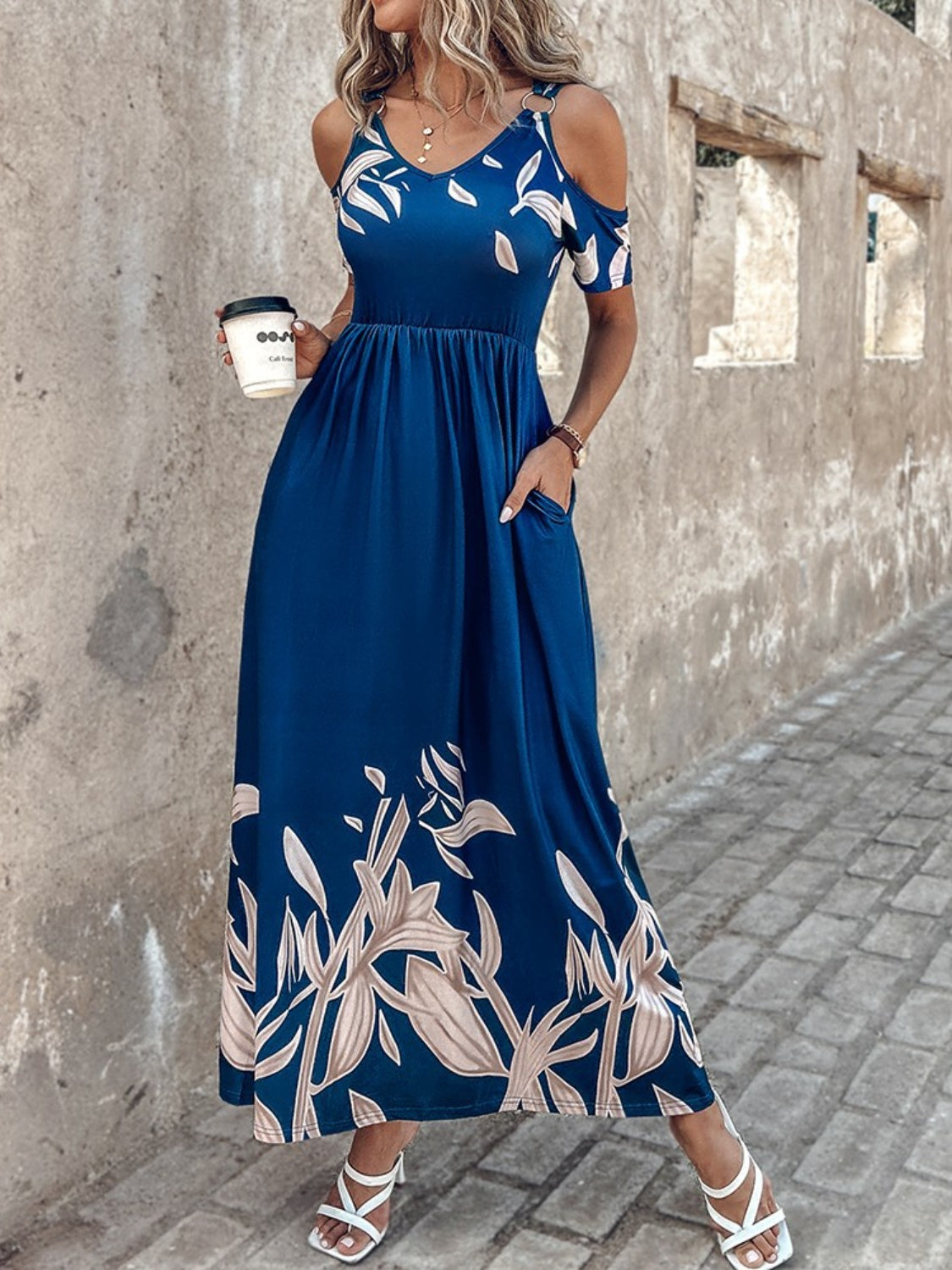 Midnight Bloom Cold Shoulder Maxi Dress