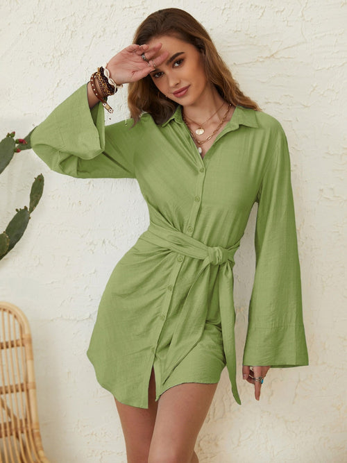 Sage Breeze Belted Shirt Dress