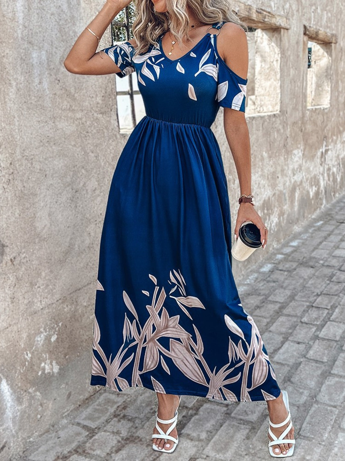 Midnight Bloom Cold Shoulder Maxi Dress