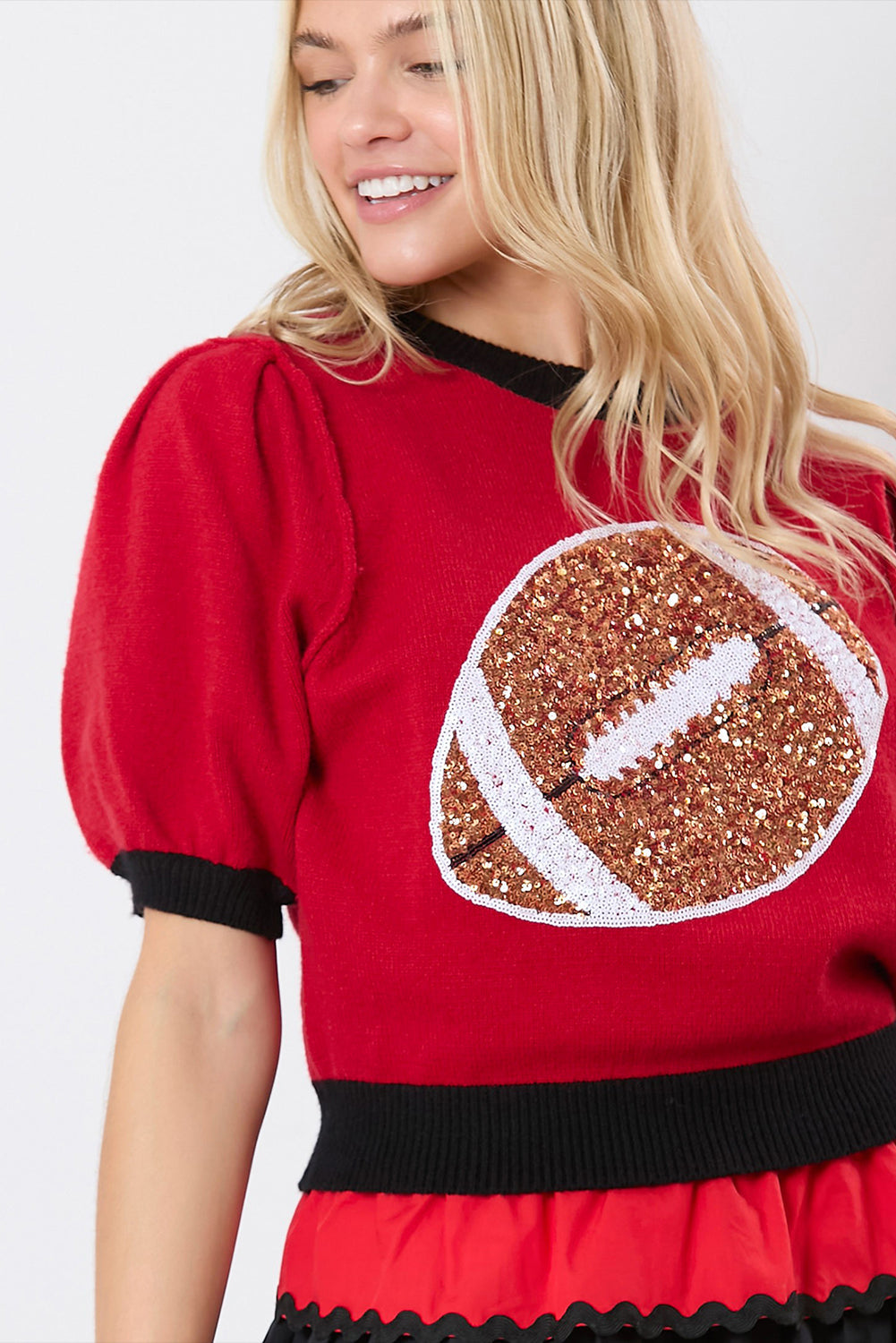 Sporty Glam Sequin Puff Sleeve Sweater