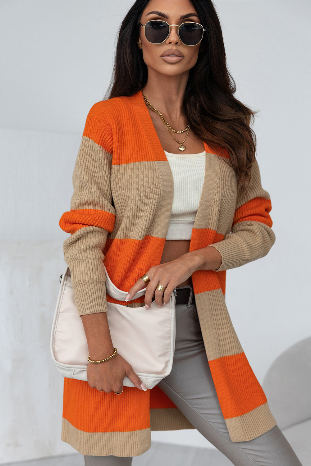 Bold Tangerine Colorblock Ribbed Cardigan