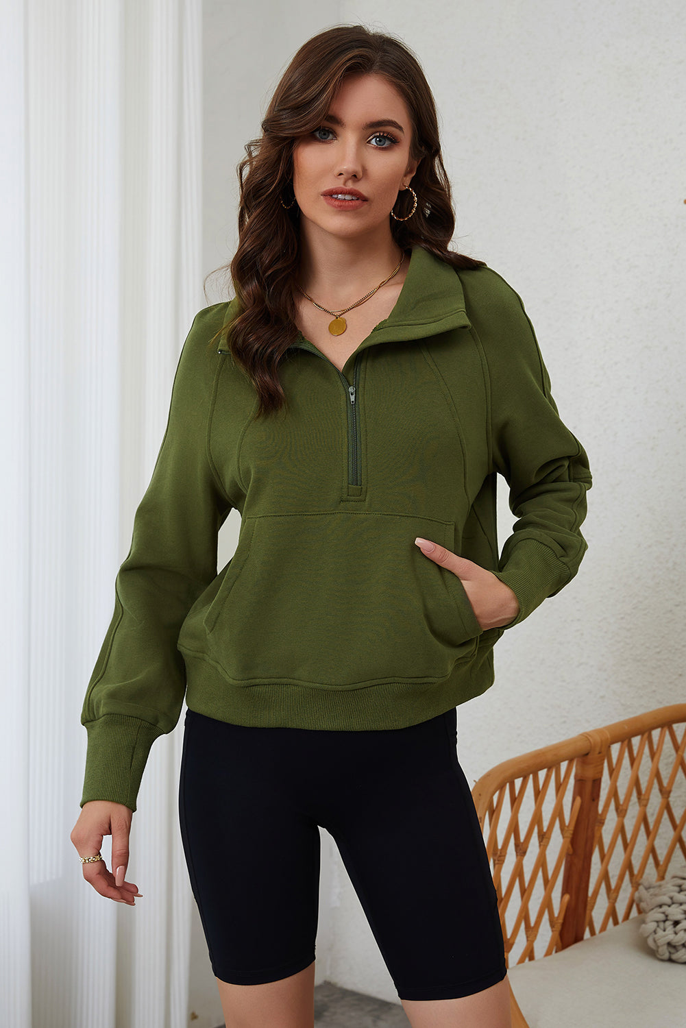 Olive Breeze Zip-Up Cropped Hoodie