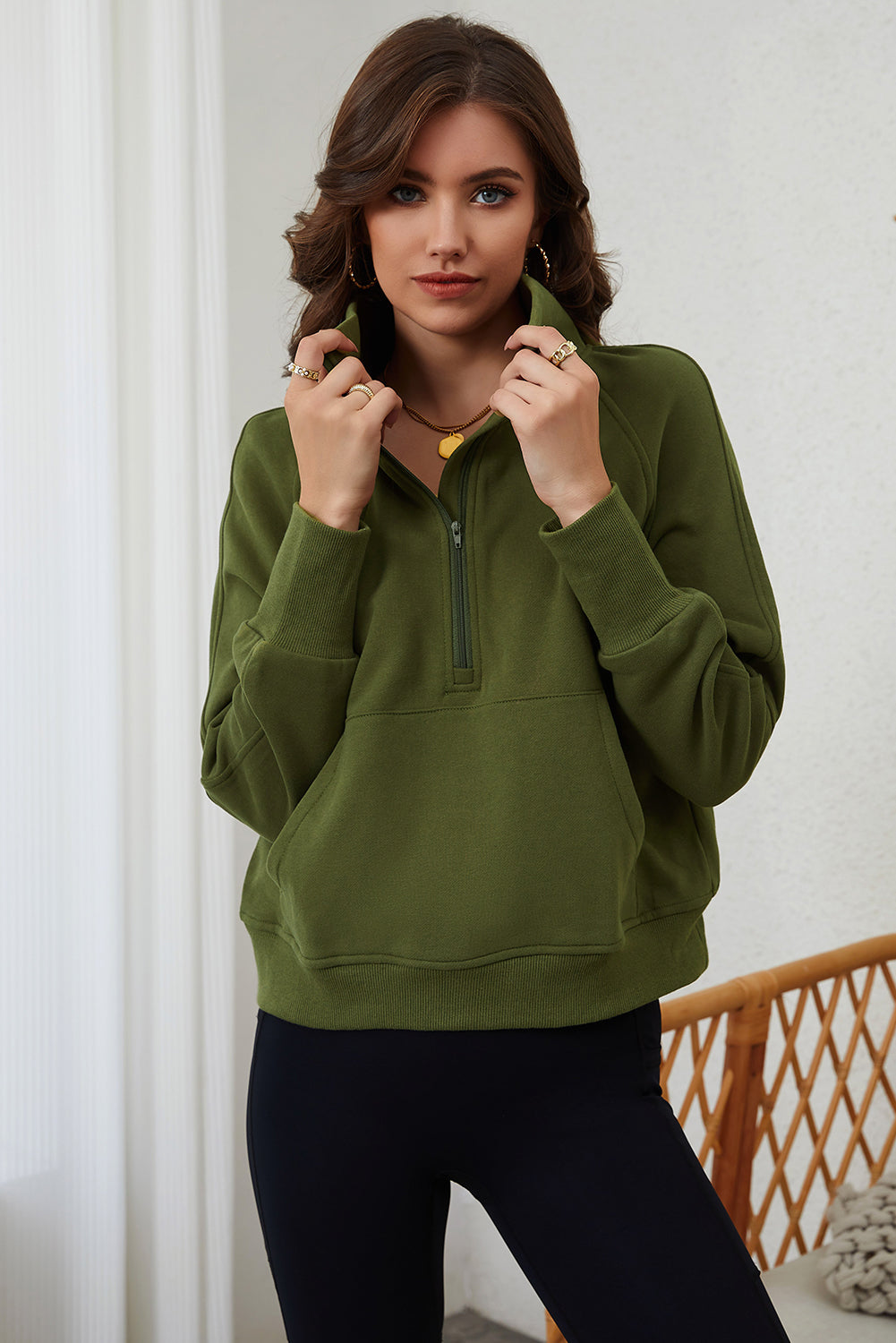 Olive Breeze Zip-Up Cropped Hoodie