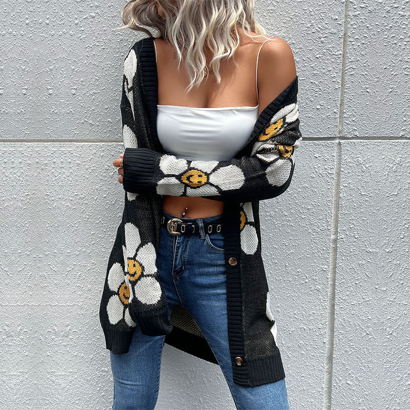 Smiley Daisy Knit Buttoned Cardigan