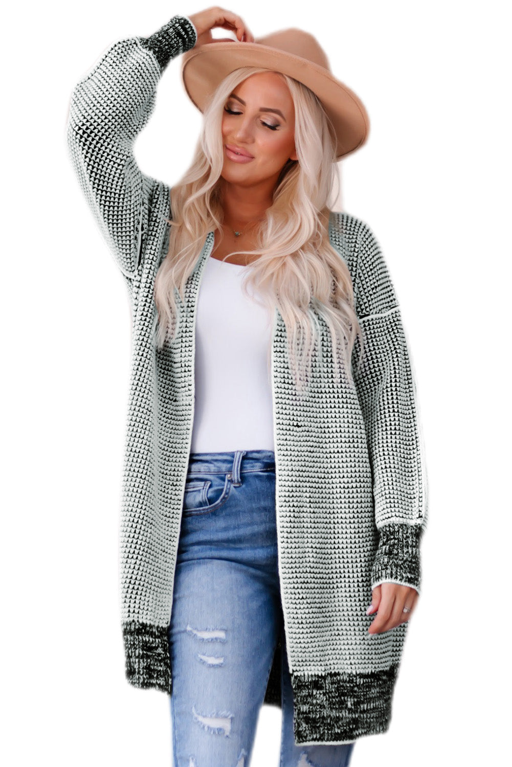 Charcoal Checkered Knit Drape Cardigan