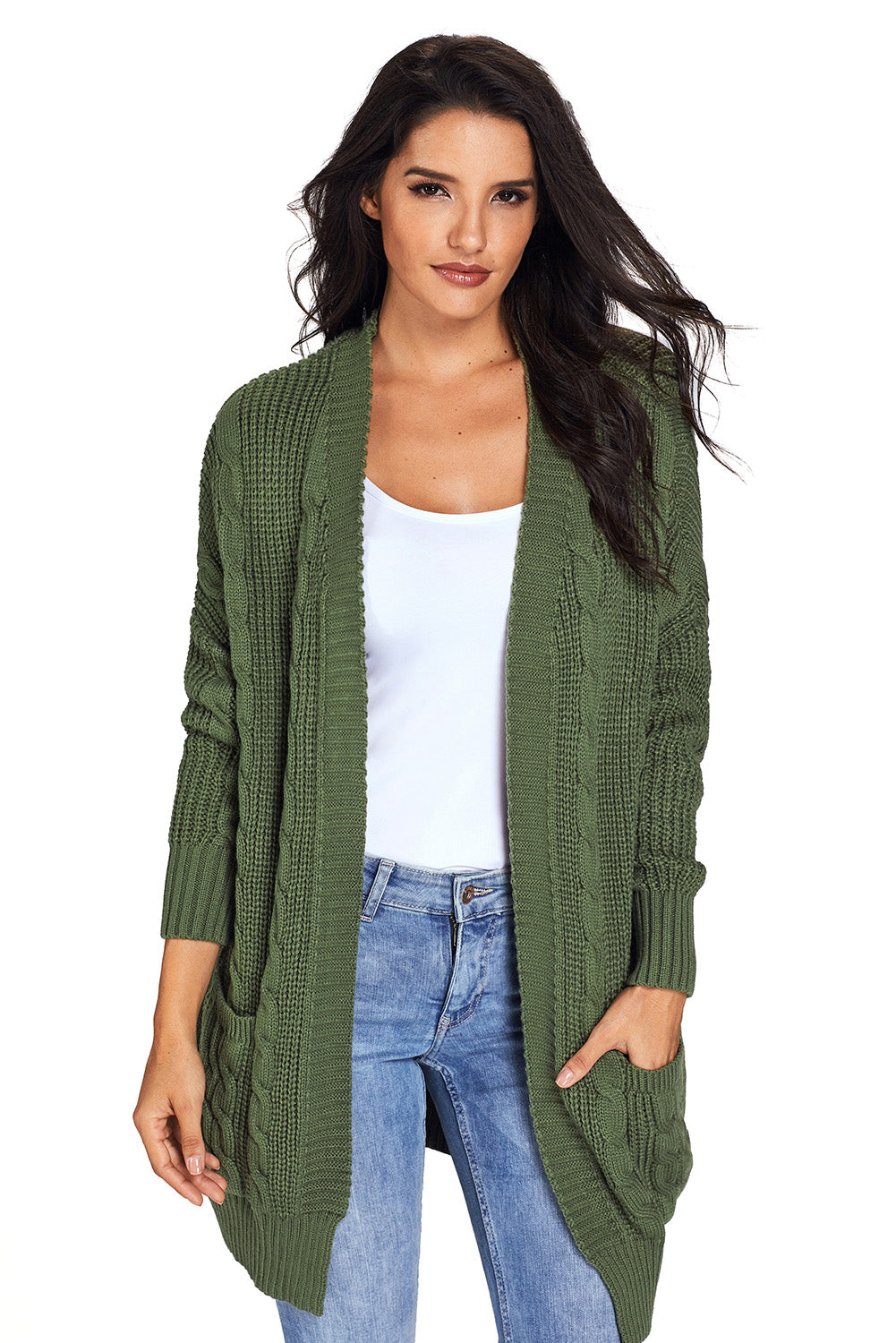 Army Green Knit Texture Long Sleeve Cardigan with pockets