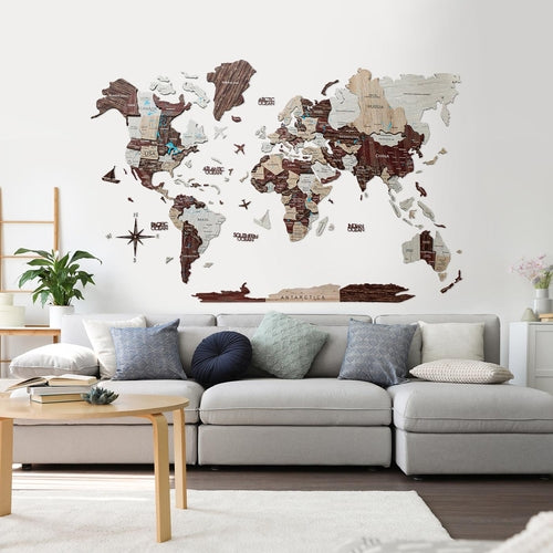 3D Wooden World Map Cappuccino