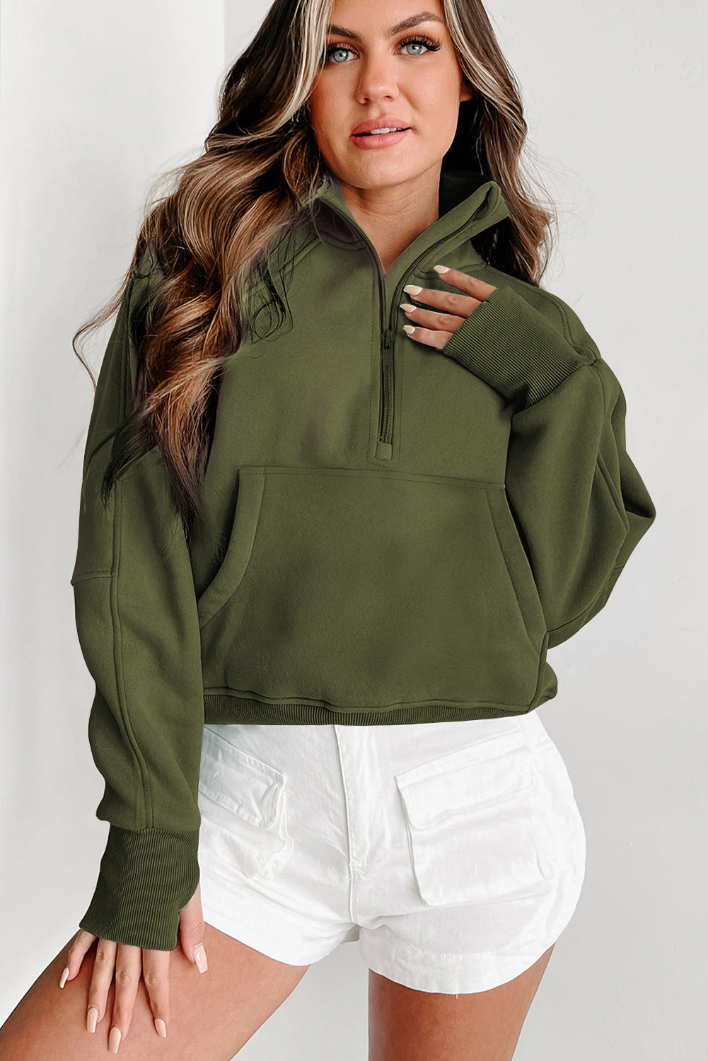 Olive Breeze Zip-Up Cropped Hoodie