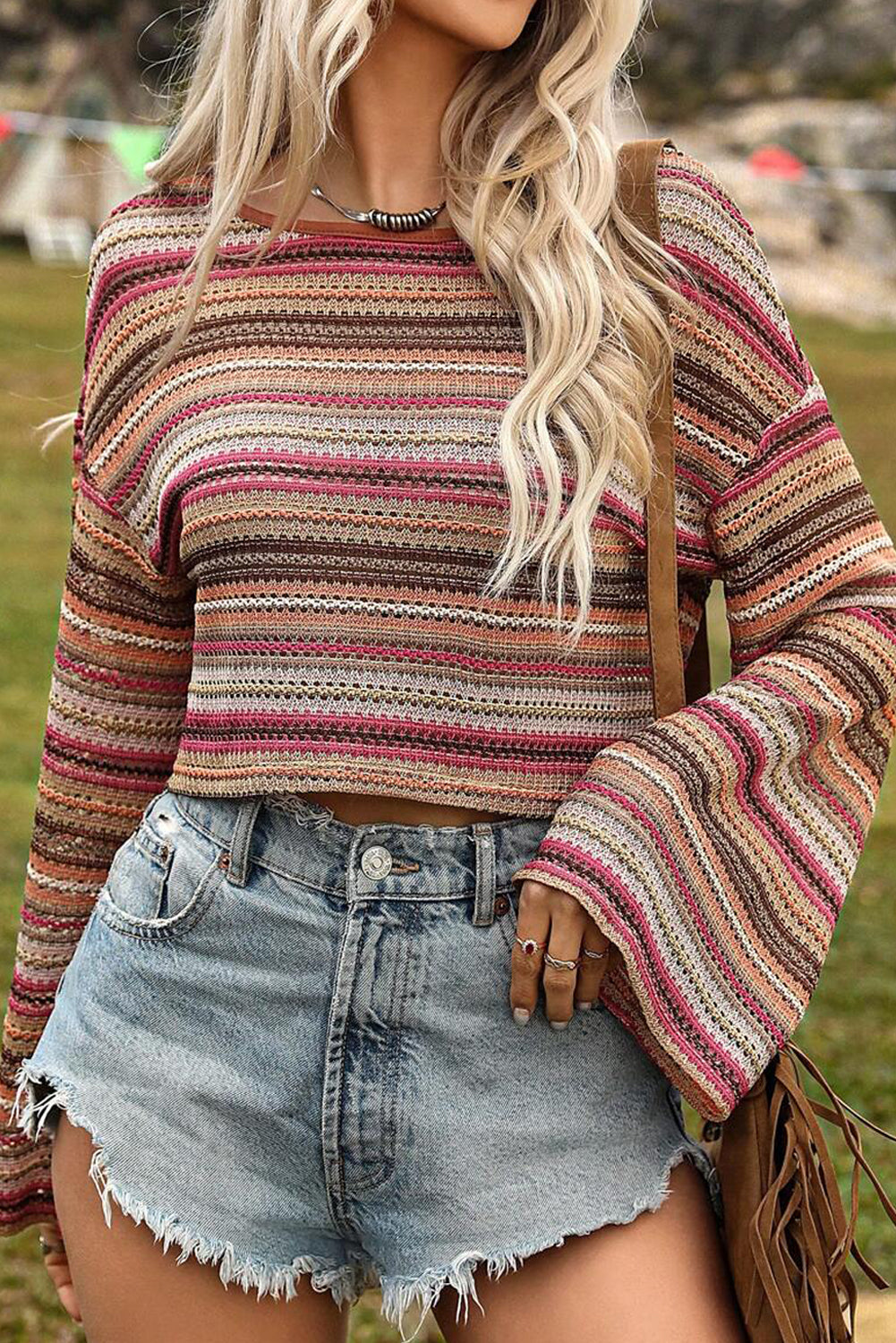 Rose Gold Ethnic Stripe Crop Pullover