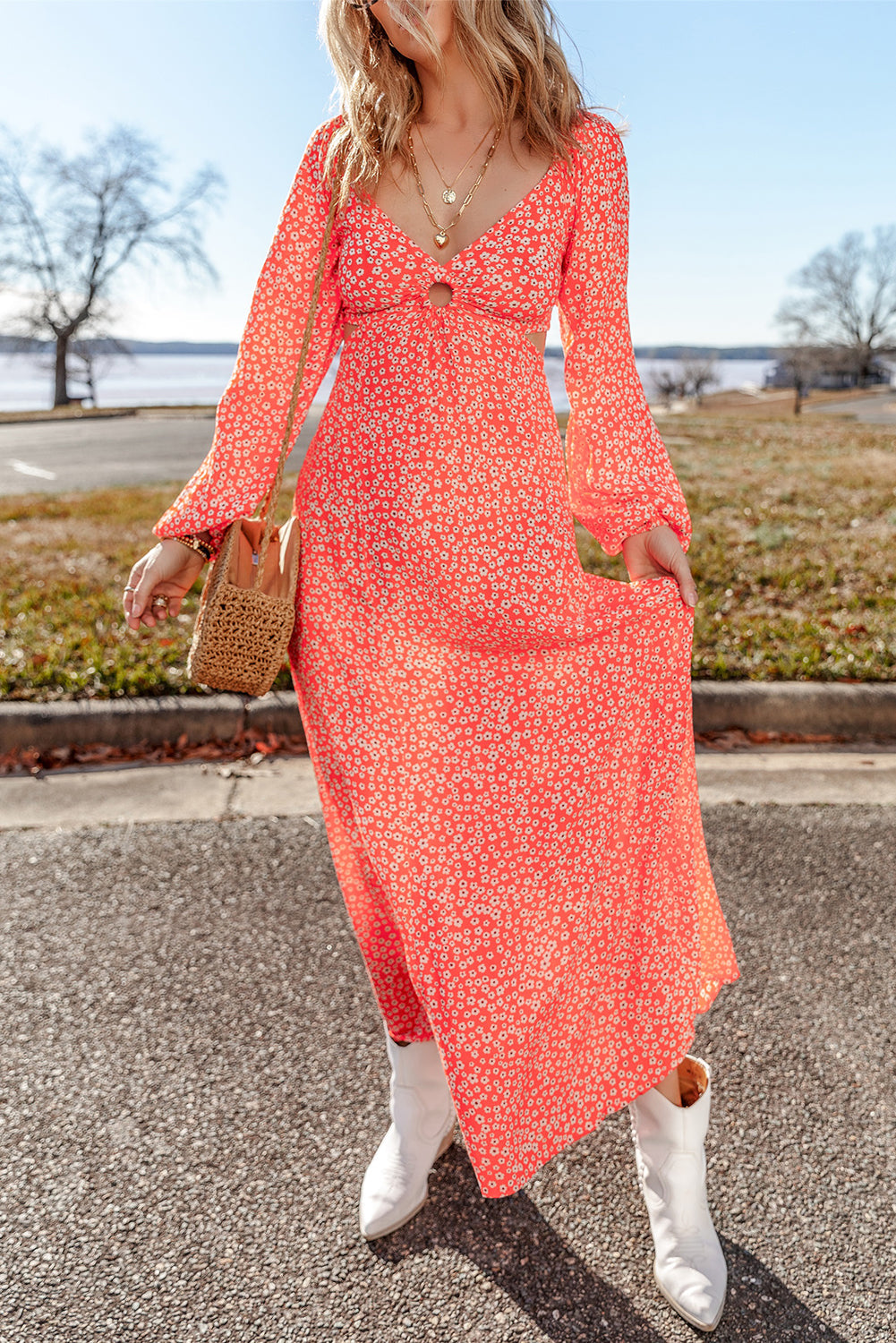 Sunset Blossom Cutout Maxi Dress