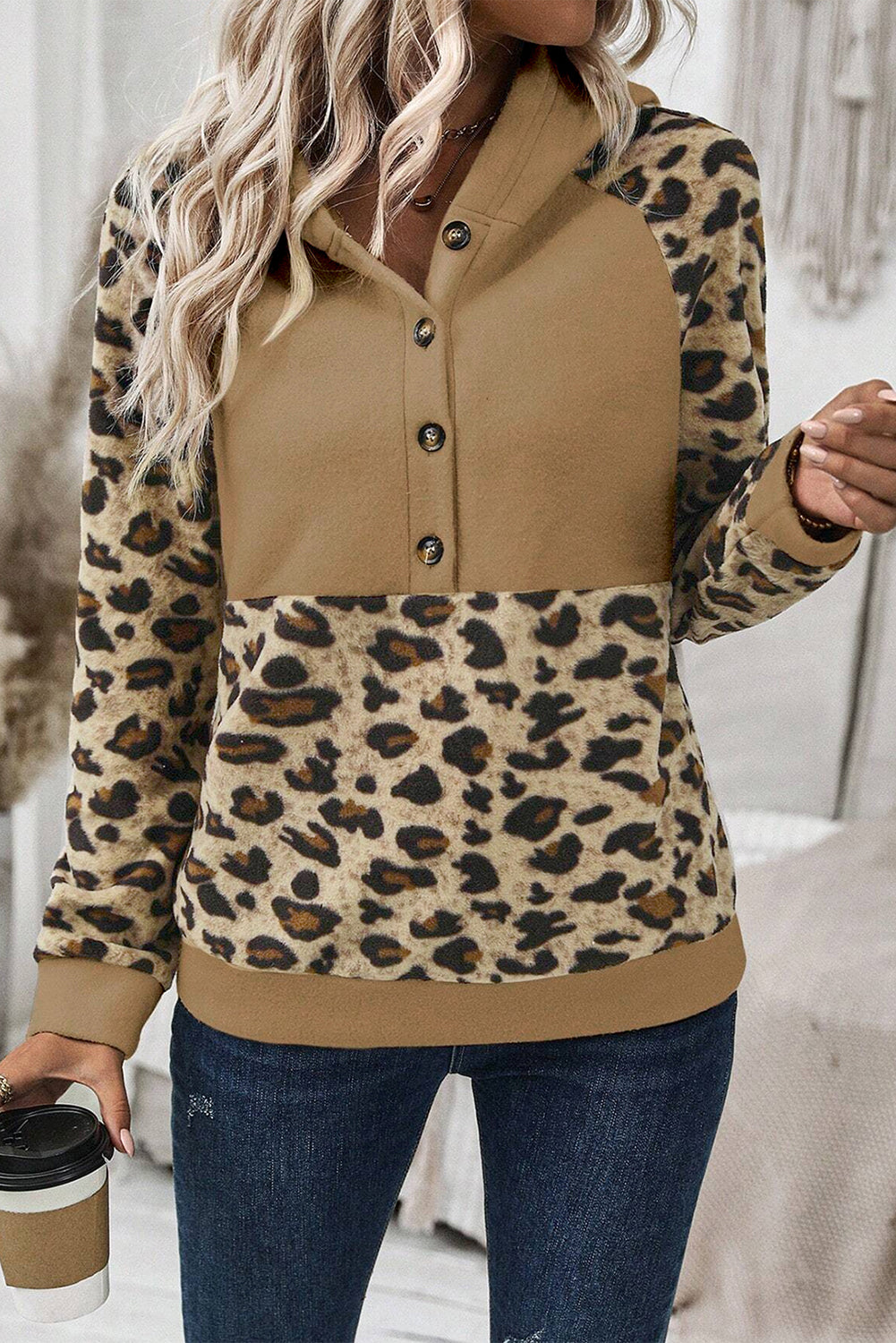 Leopard Contrast Raglan Button-Up