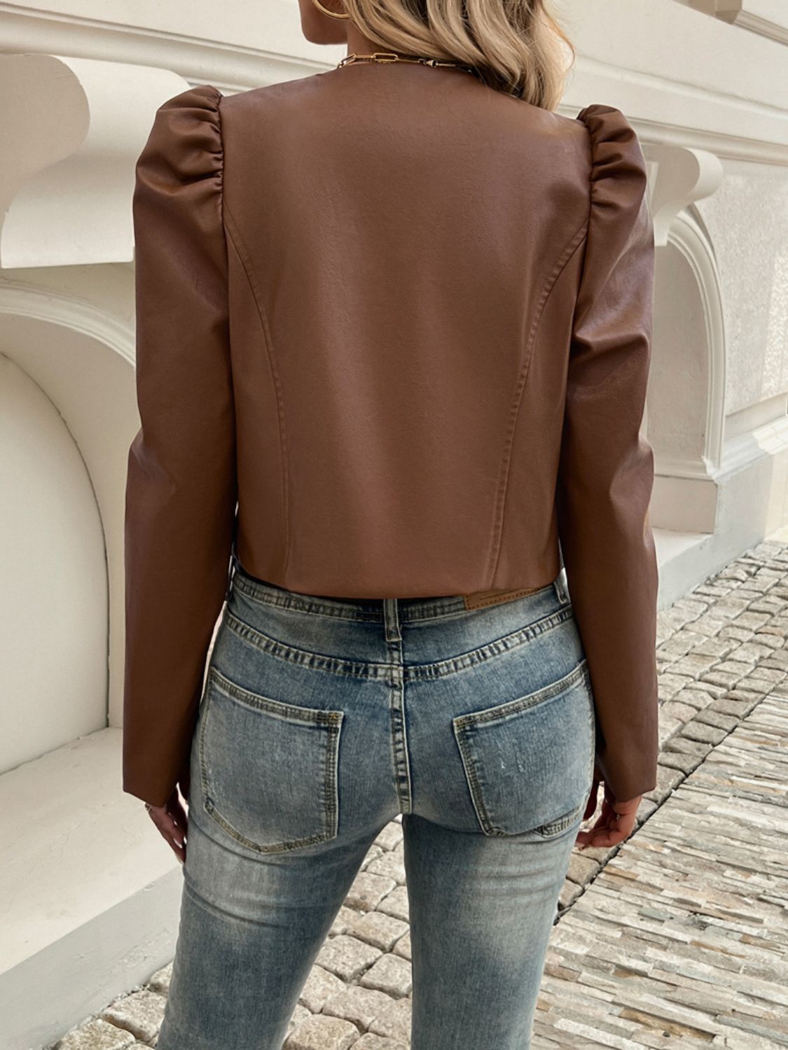 Sleek Puff Sleeve Faux Leather Jacket