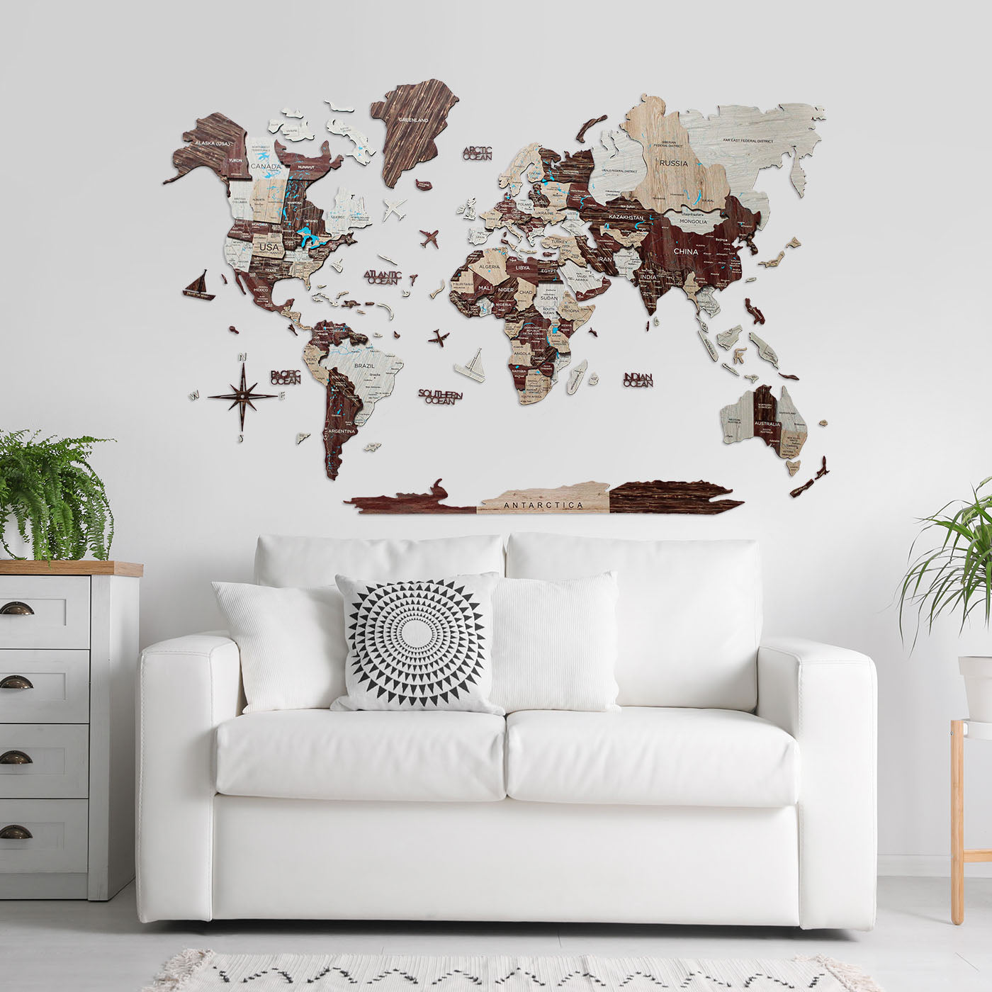 3D Wooden World Map Cappuccino