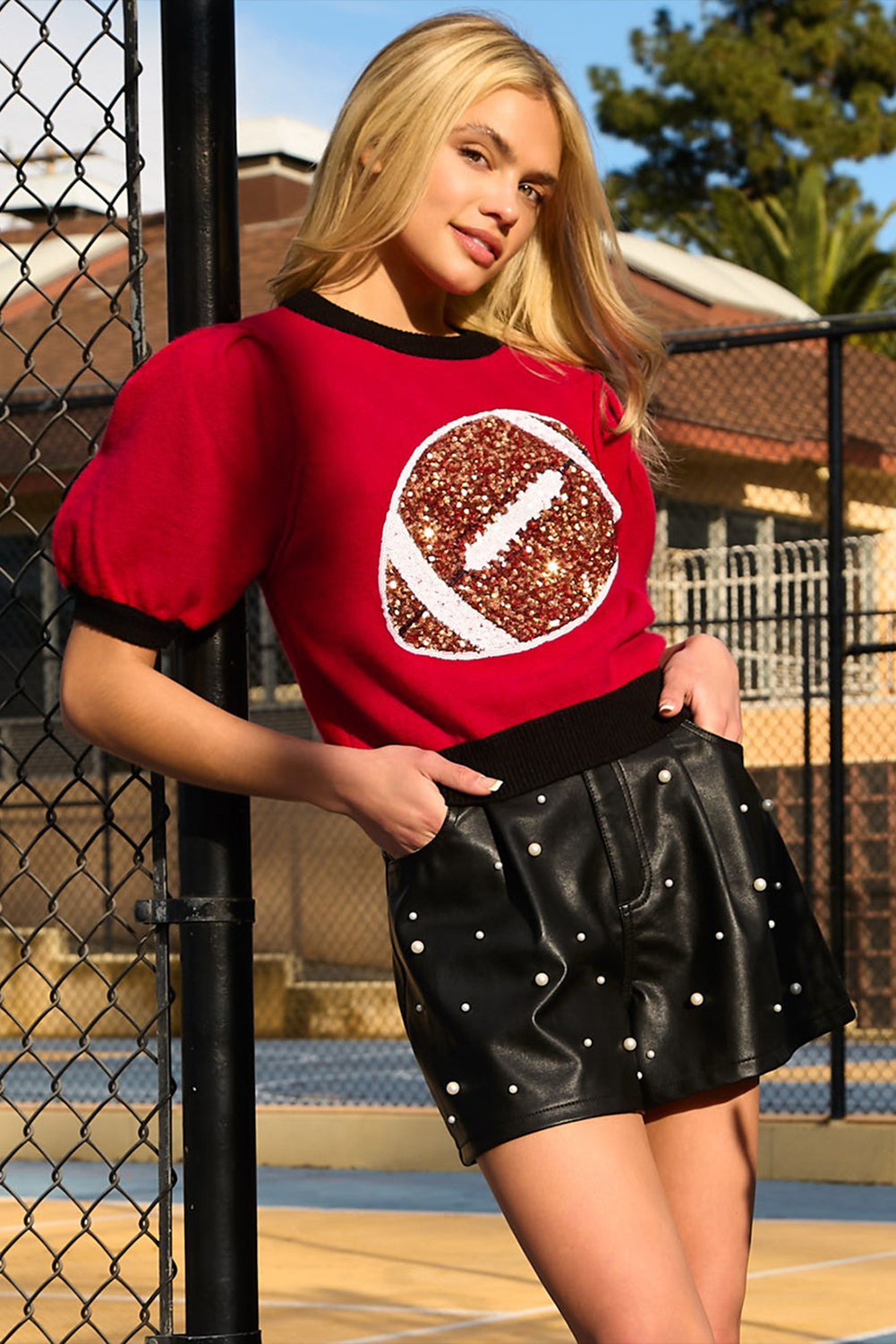 Sporty Glam Sequin Puff Sleeve Sweater