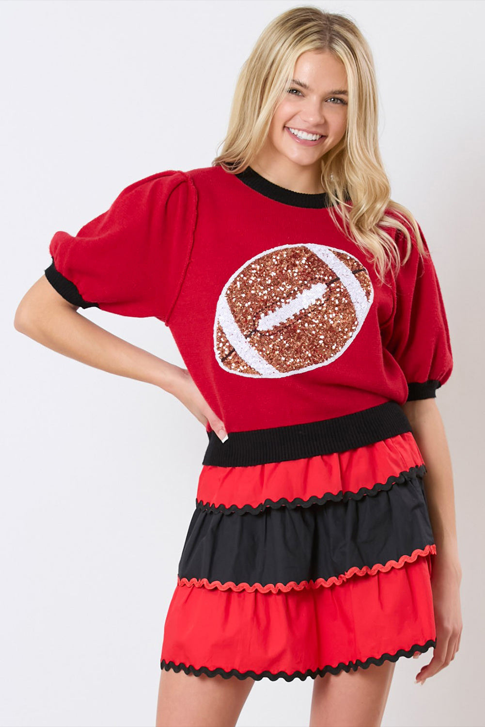 Sporty Glam Sequin Puff Sleeve Sweater