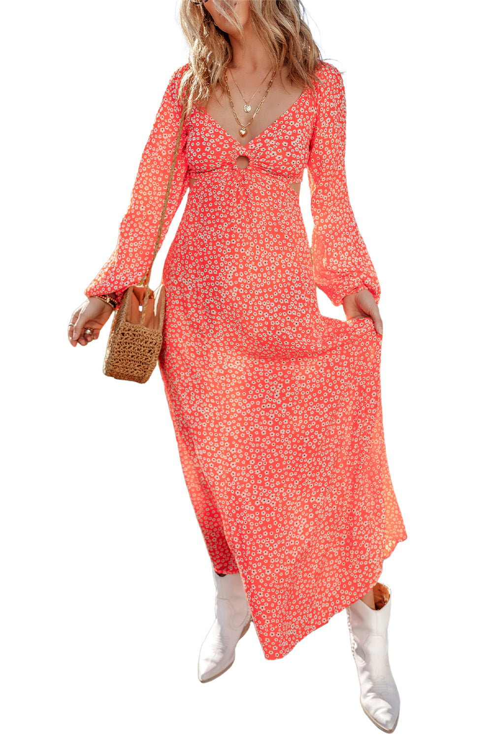 Sunset Blossom Cutout Maxi Dress