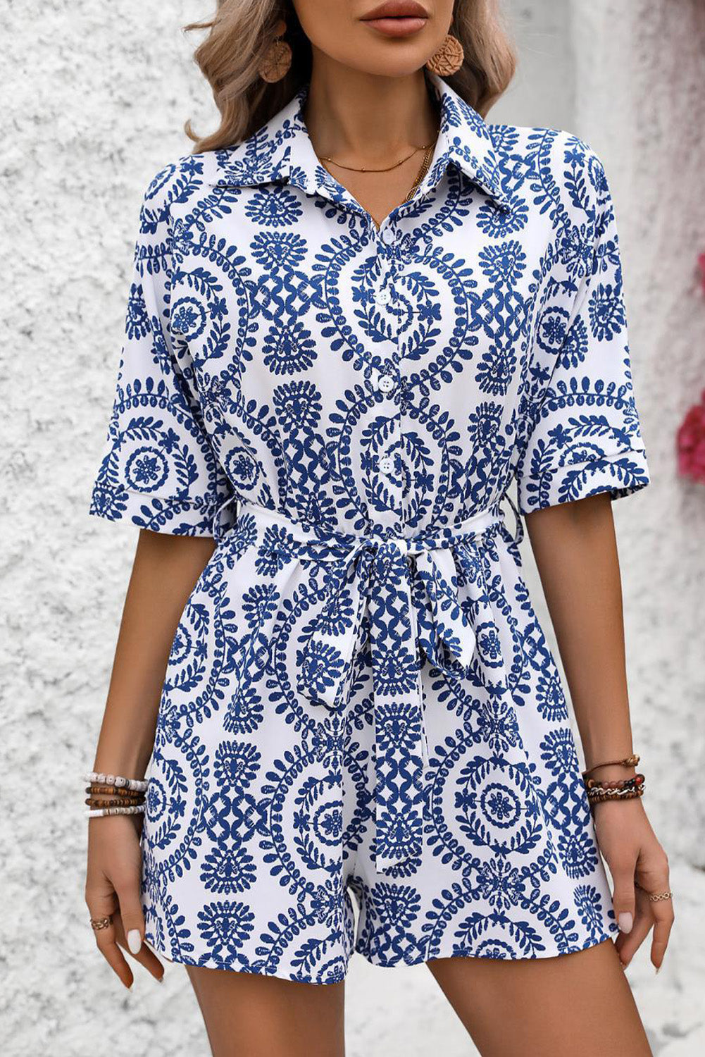 Nautical Mandala Belted Shirt Romper