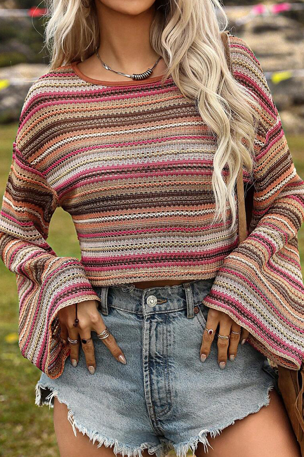 Rose Gold Ethnic Stripe Crop Pullover