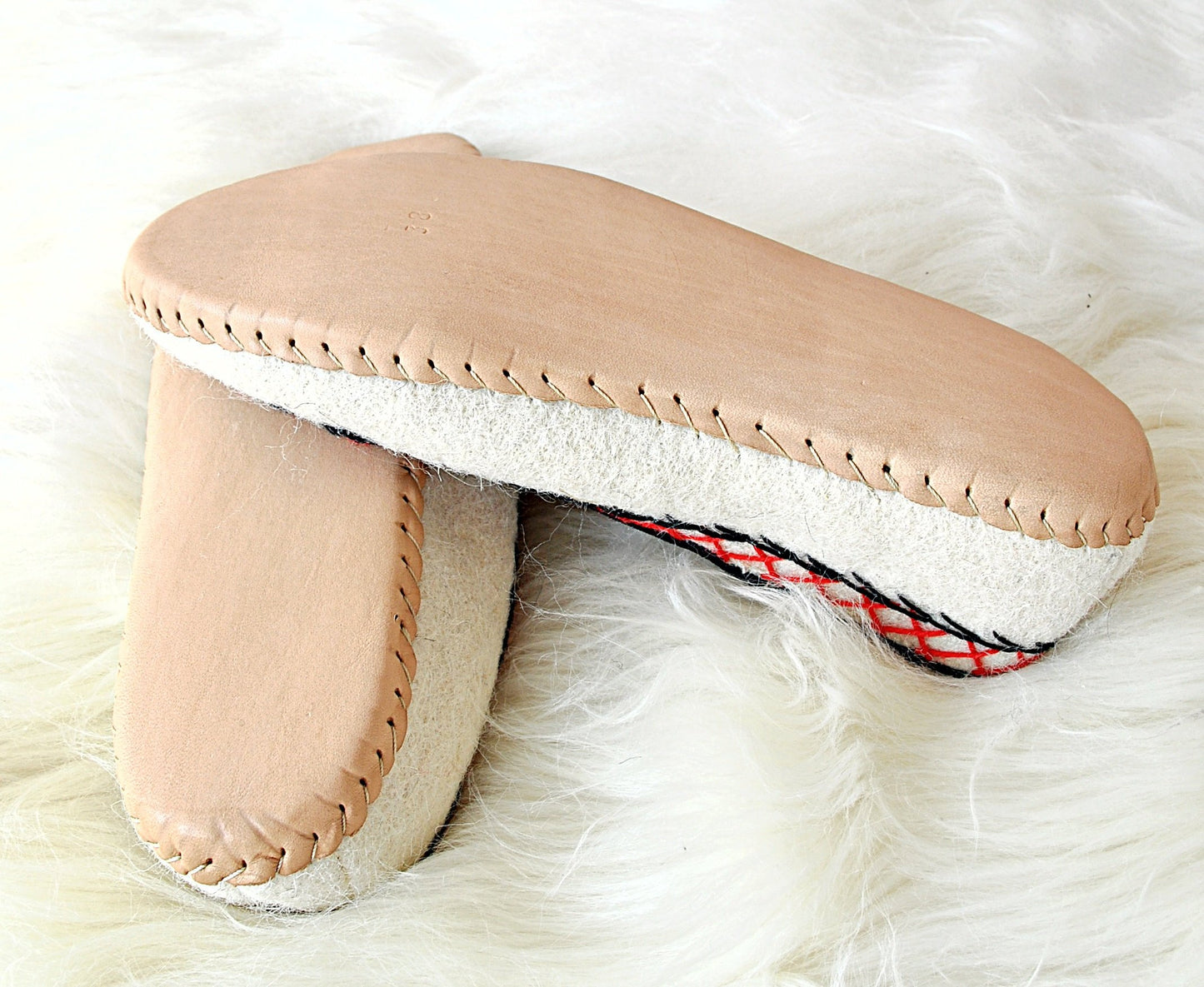 Ivory Felt and Real Leather Folk Slippers