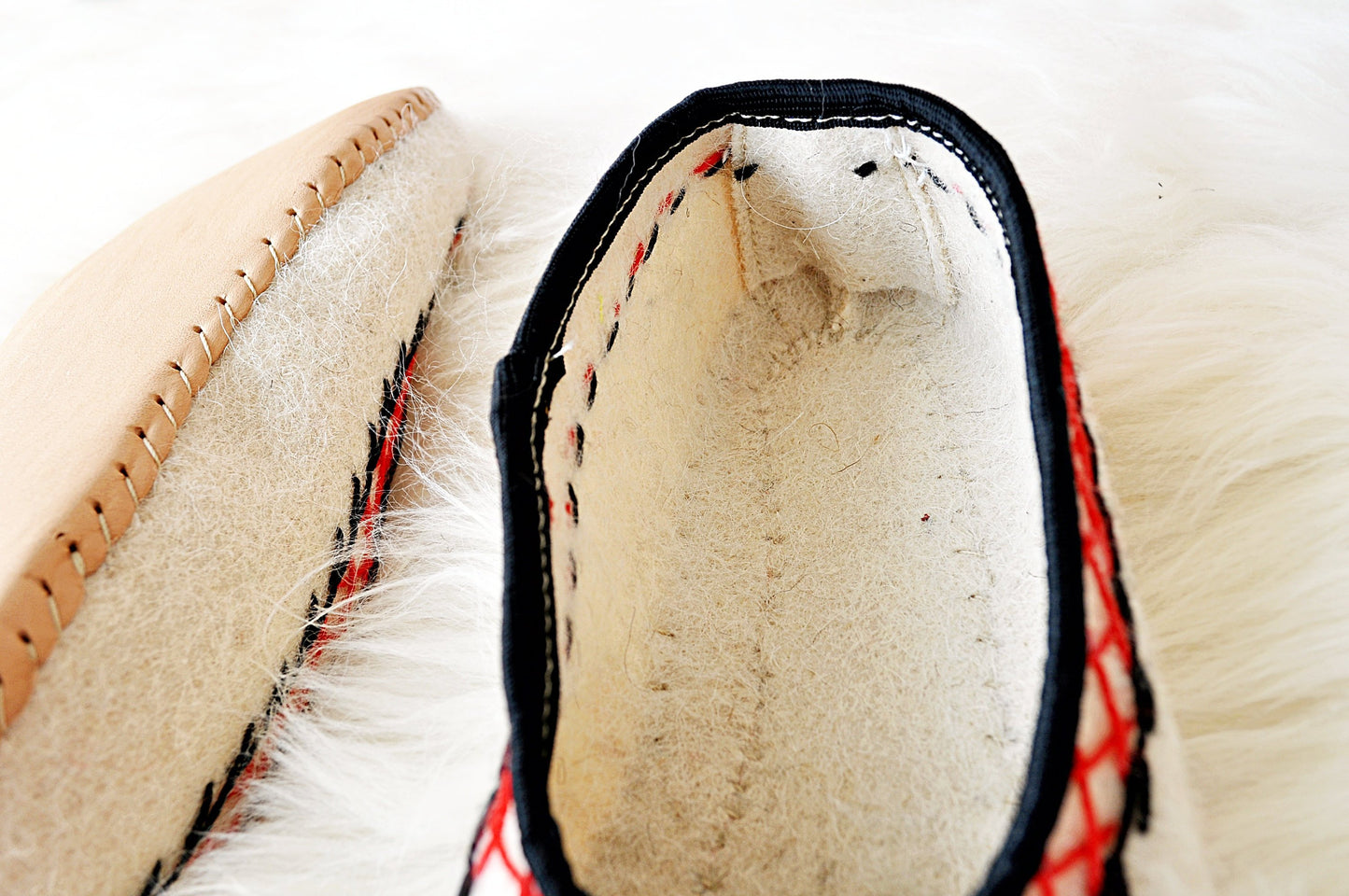 Ivory Felt and Real Leather Folk Slippers