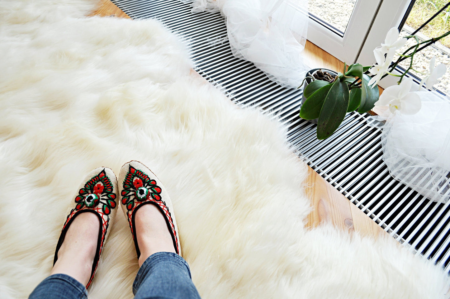 Ivory Felt and Real Leather Folk Slippers