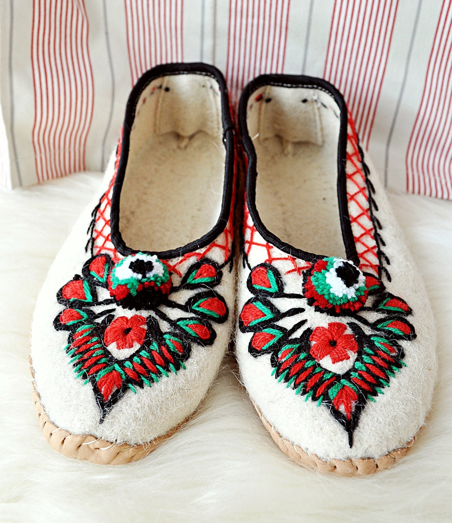 Ivory Felt and Real Leather Folk Slippers