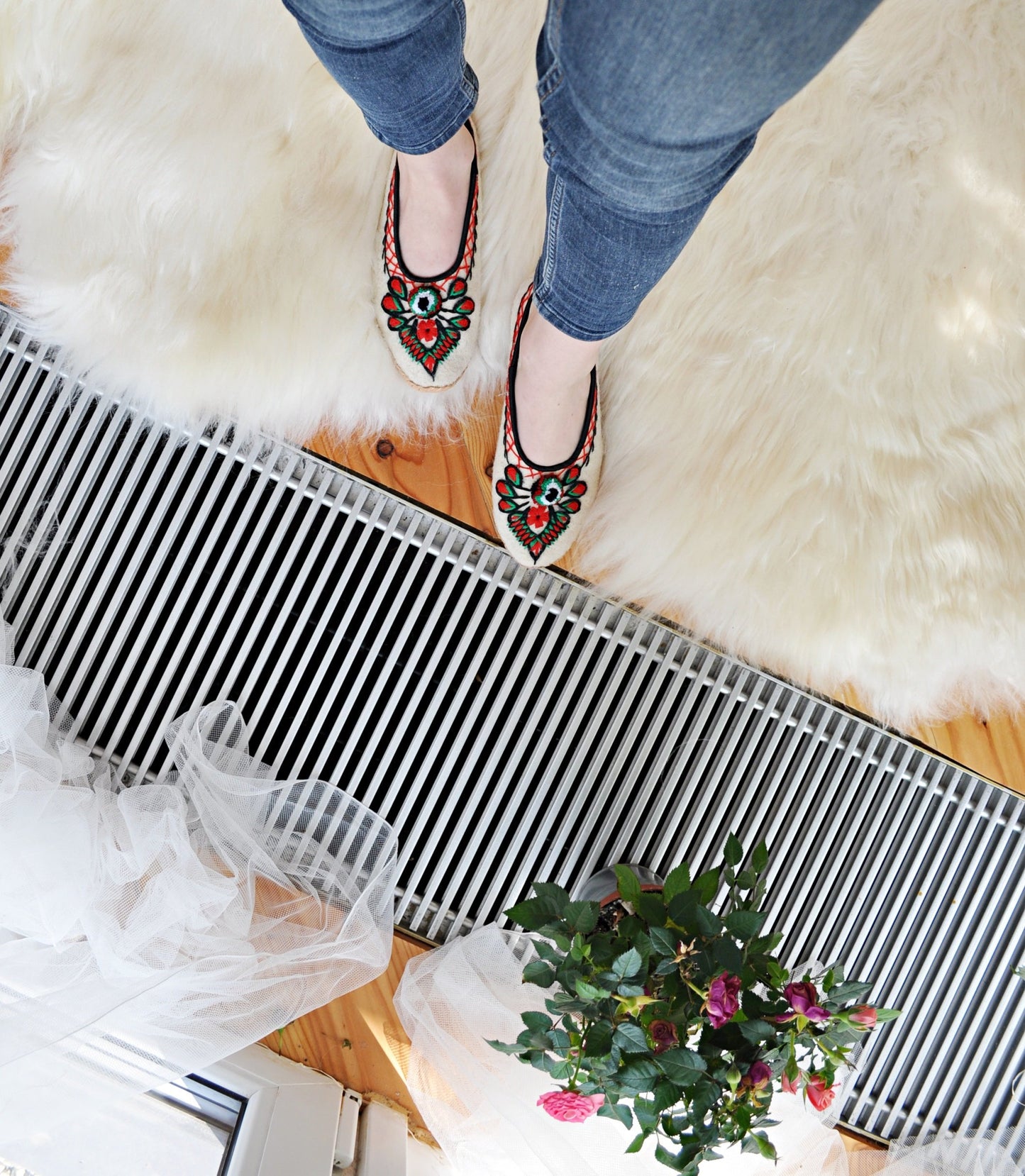 Ivory Felt and Real Leather Folk Slippers