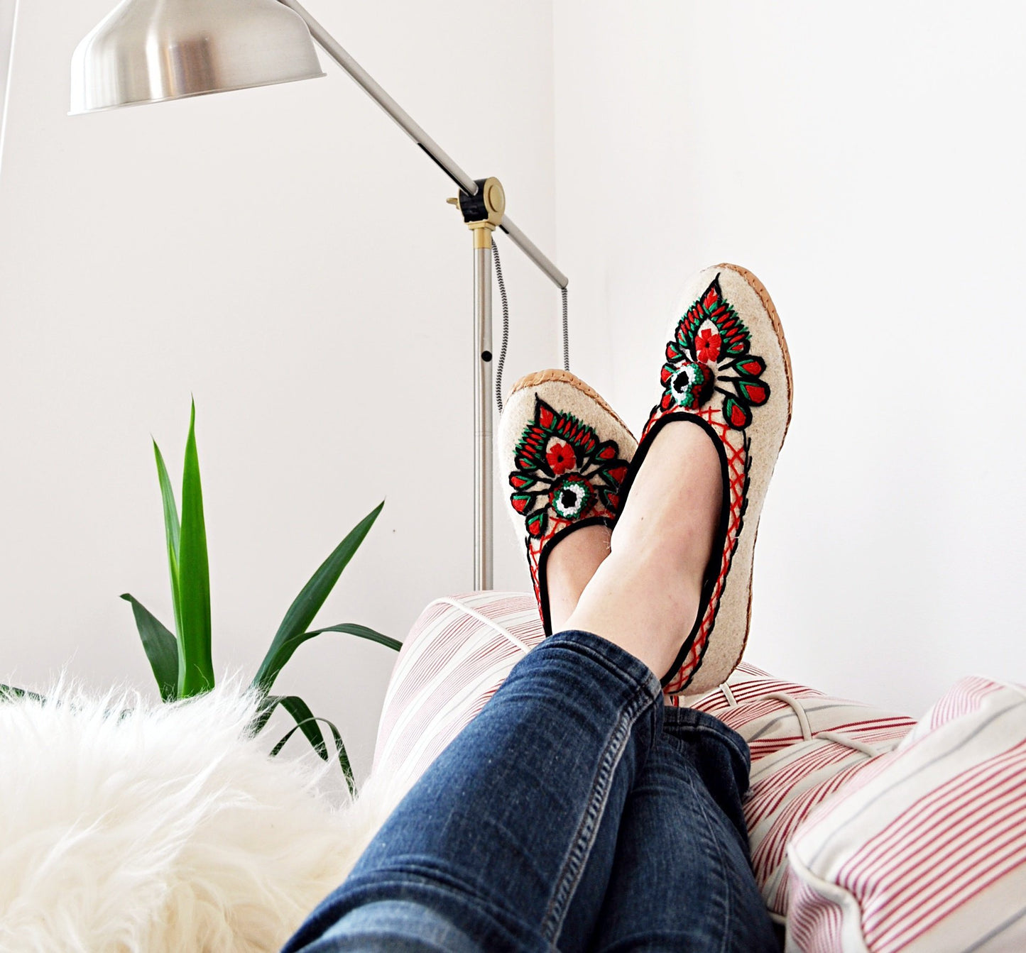 Ivory Felt and Real Leather Folk Slippers